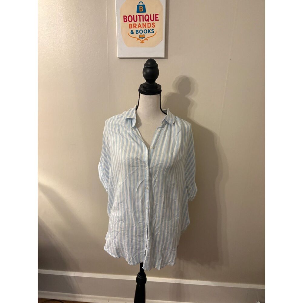 Beach Lunch Lounge Size M Blue White Striped Button Down Shirt Oversized Top